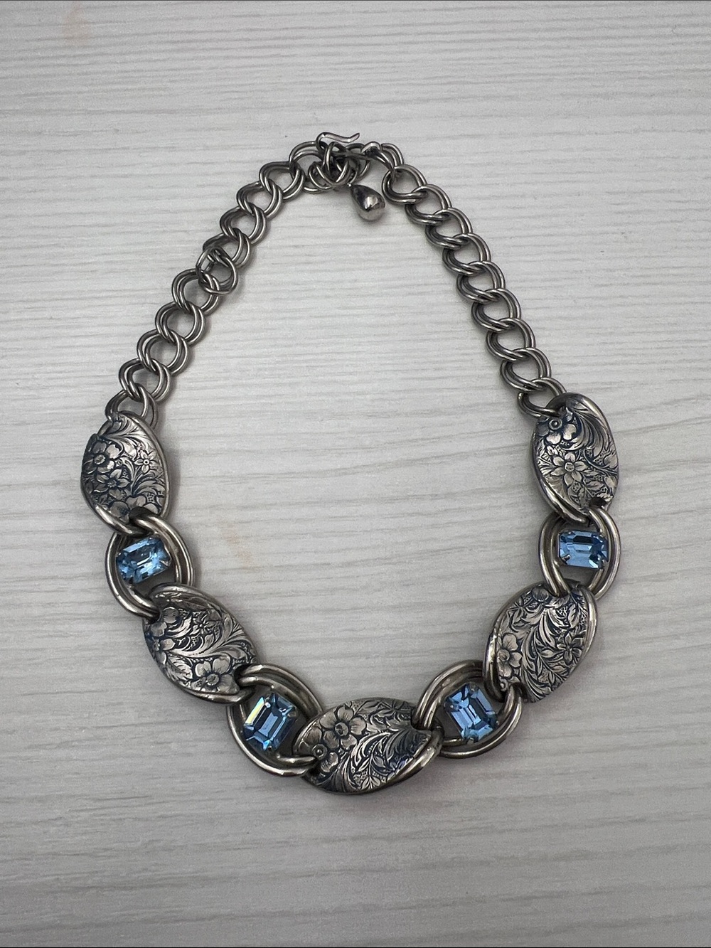 Silver-Tone Floral Link Necklace with Blue Crystal Accents